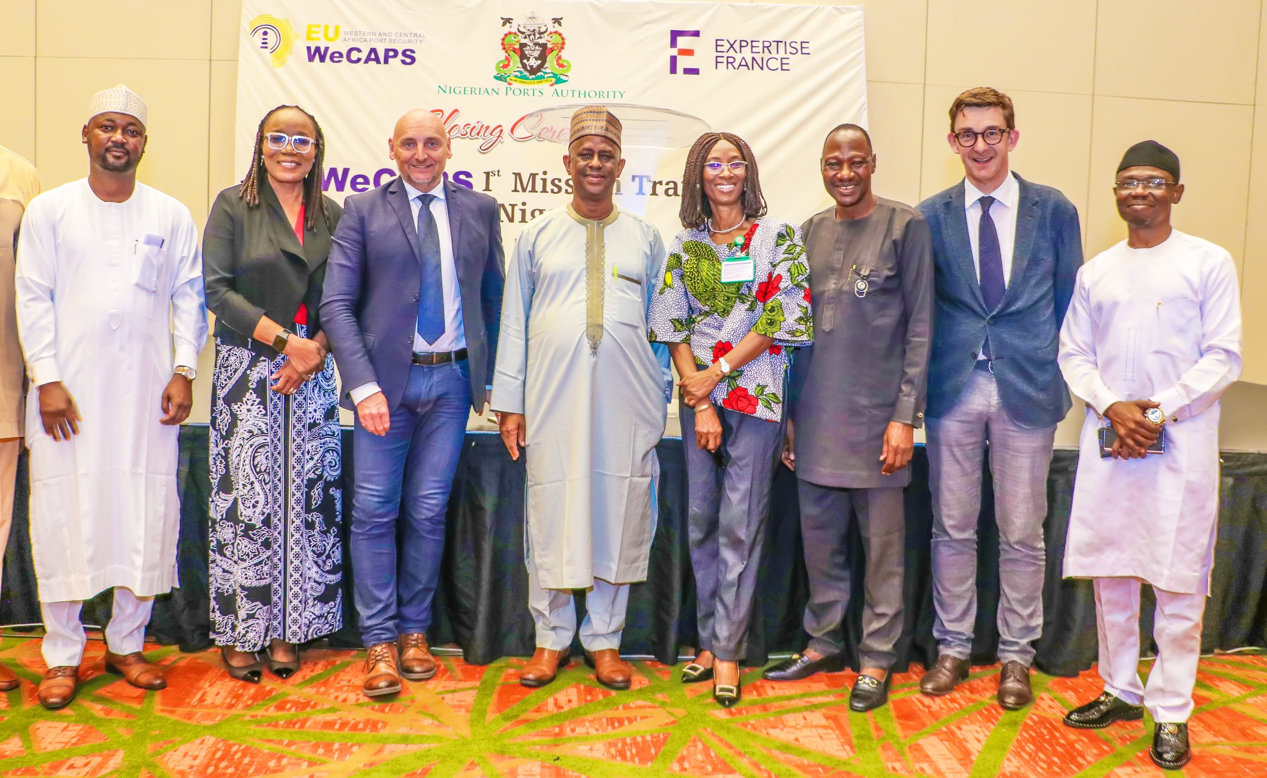 Representative of Managing Director of Nigerian Ports Authority (NPA), and General Manger, Security, Mohammed Jamil Khalil (4 th left), Project Manager, WeCAPS, Nico Vertoghen (2 nd right), Safety Expert, WeCAPS, Samuel Champon (3 rd left), WeCAPS Nigerian representative (NIMASA/NPA), Dr. Ismaila Kuraye (left) and other stakeholders during the closing ceremony of the first WeCAPS training Mission in Nigeria held in Lagos.
